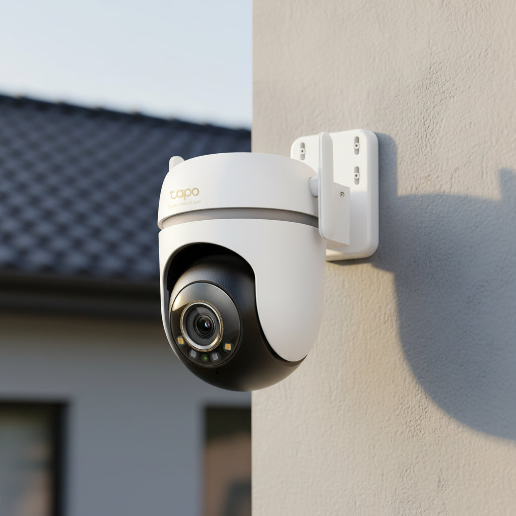 TP-Link Tapo TC43 outdoor pan tilt security WiFi camera mounted on house exterior wall