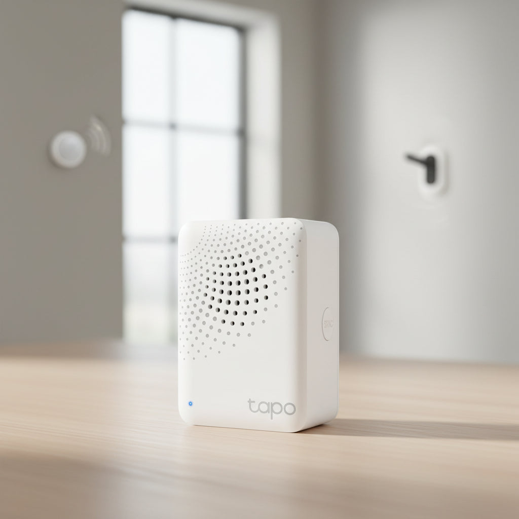 TP-Link Tapo H100 smart hub with chime placed in modern home interior