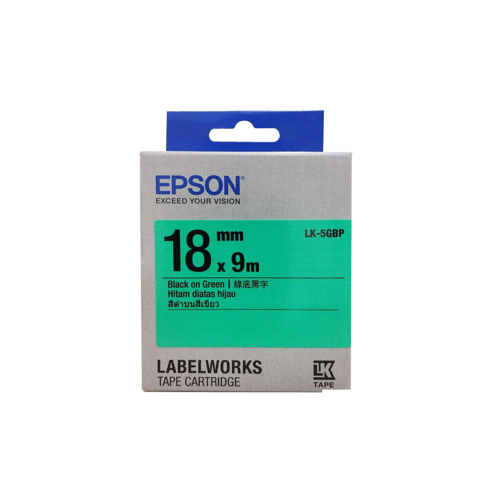 Epson LK-5GBP 18mm Black on Green Label Tape – Durable Laminated LabelWorks Tape for Industrial & Office Labeling