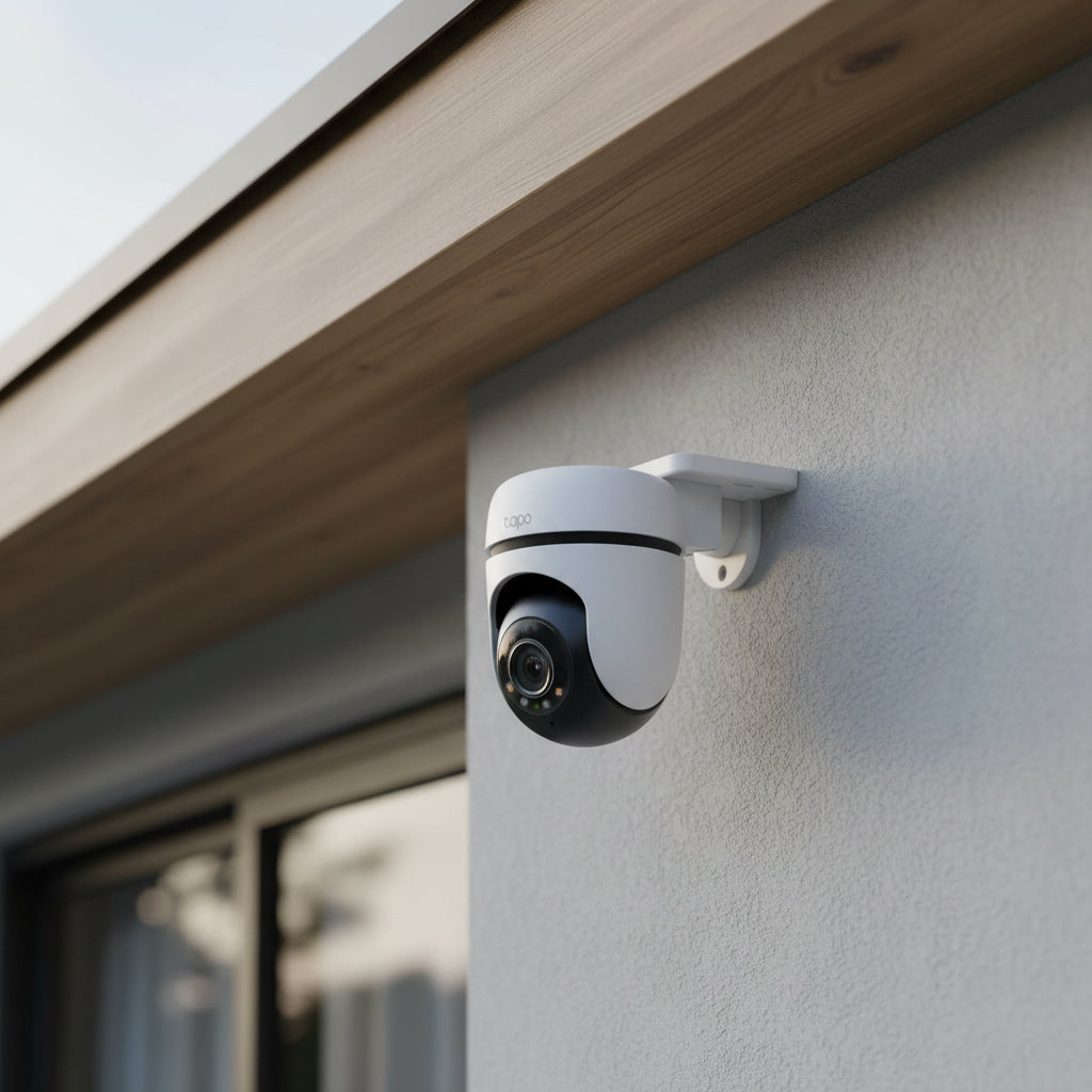 TP-Link Tapo TC41 outdoor pan tilt security WiFi camera mounted on exterior house wall