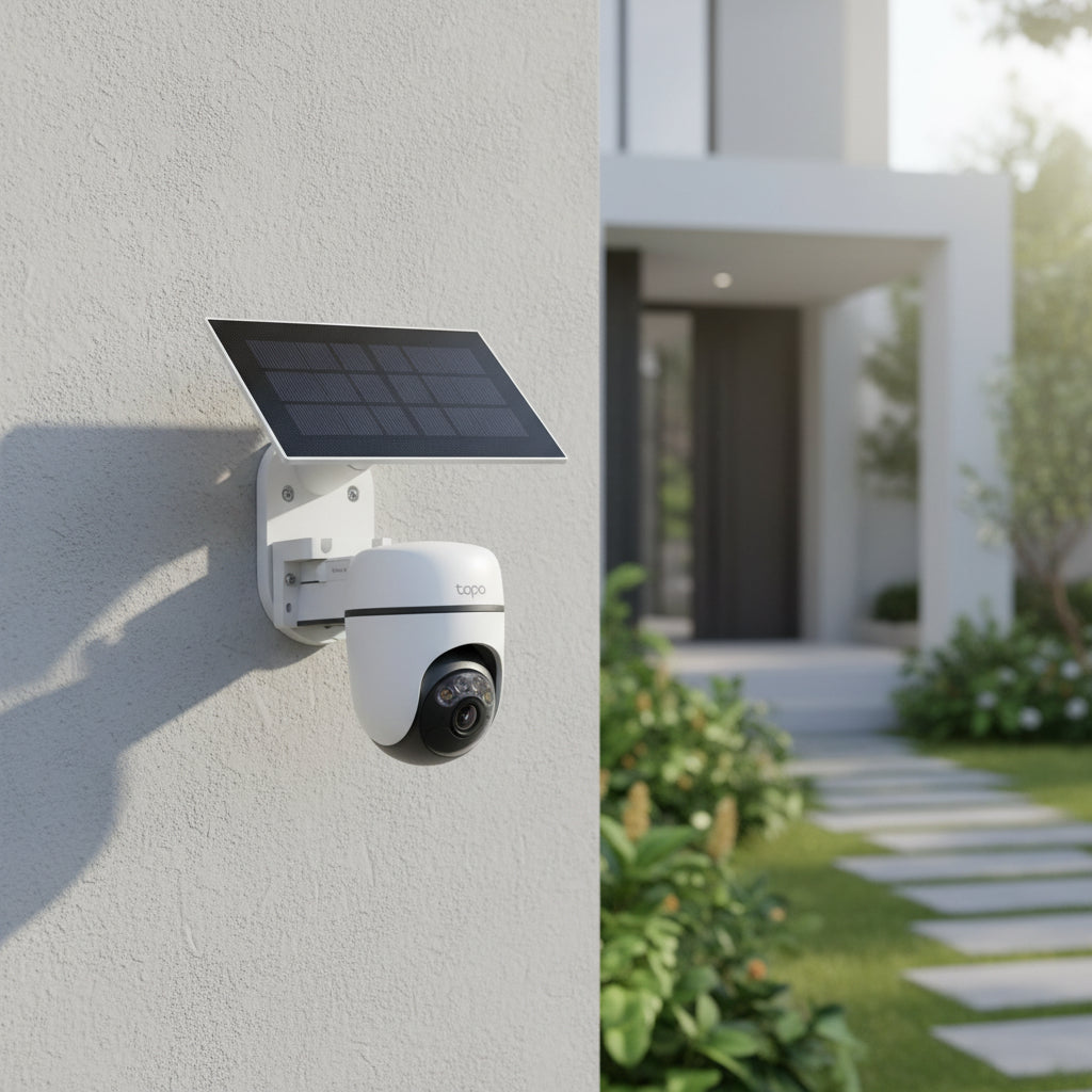 TP-Link Tapo C630 KIT solar powered pan tilt security camera installed outdoors on house wall