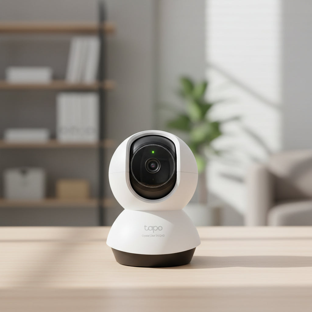 Tapo TC72 smart security camera rotating with AI motion tracking in living room