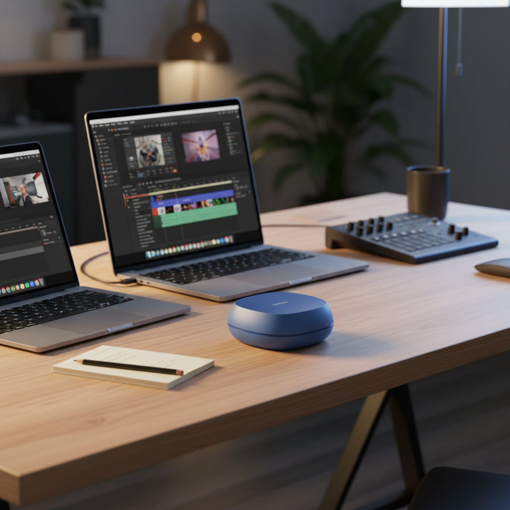 SanDisk Creator Desk Drive external SSD on professional editing desk.

4TB