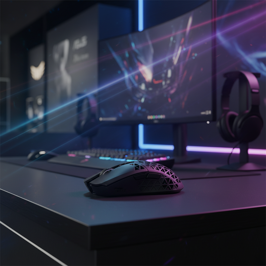 ASUS TUF Gaming M4 Air gaming mouse displayed on a premium gaming hardware showcase desk.