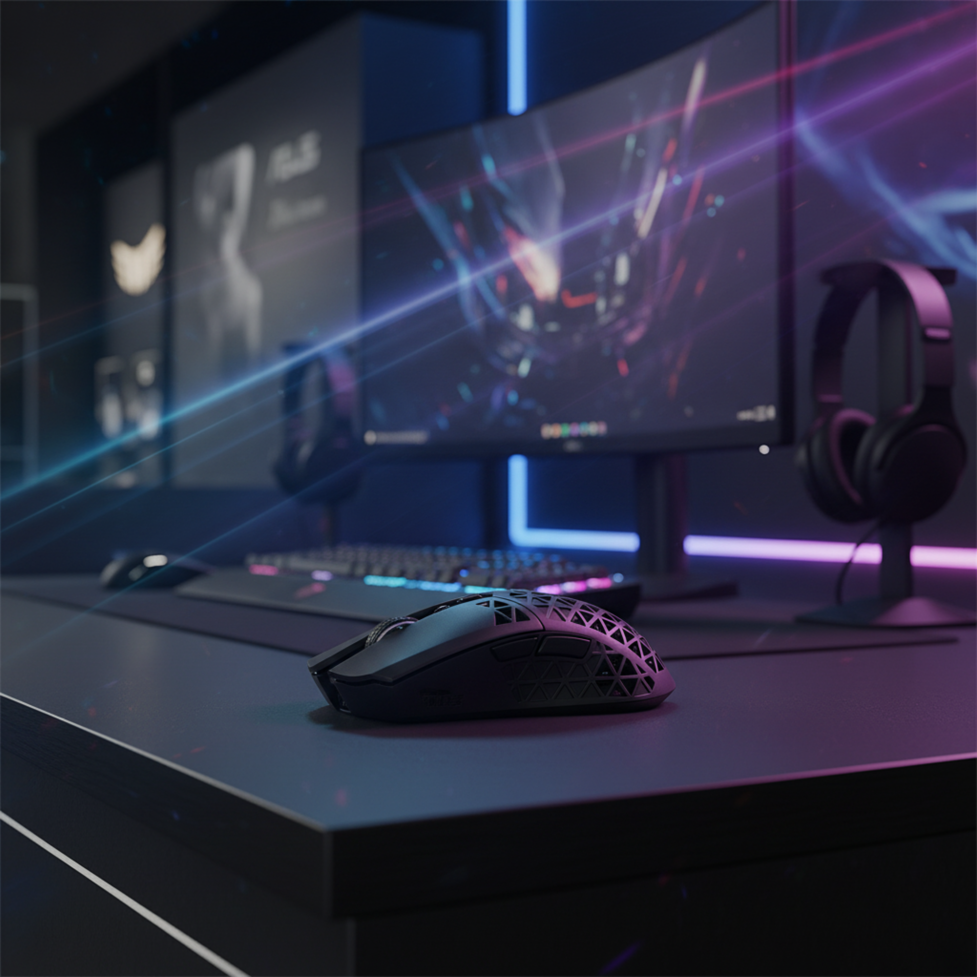 ASUS TUF Gaming M4 Air gaming mouse displayed on a premium gaming hardware showcase desk.