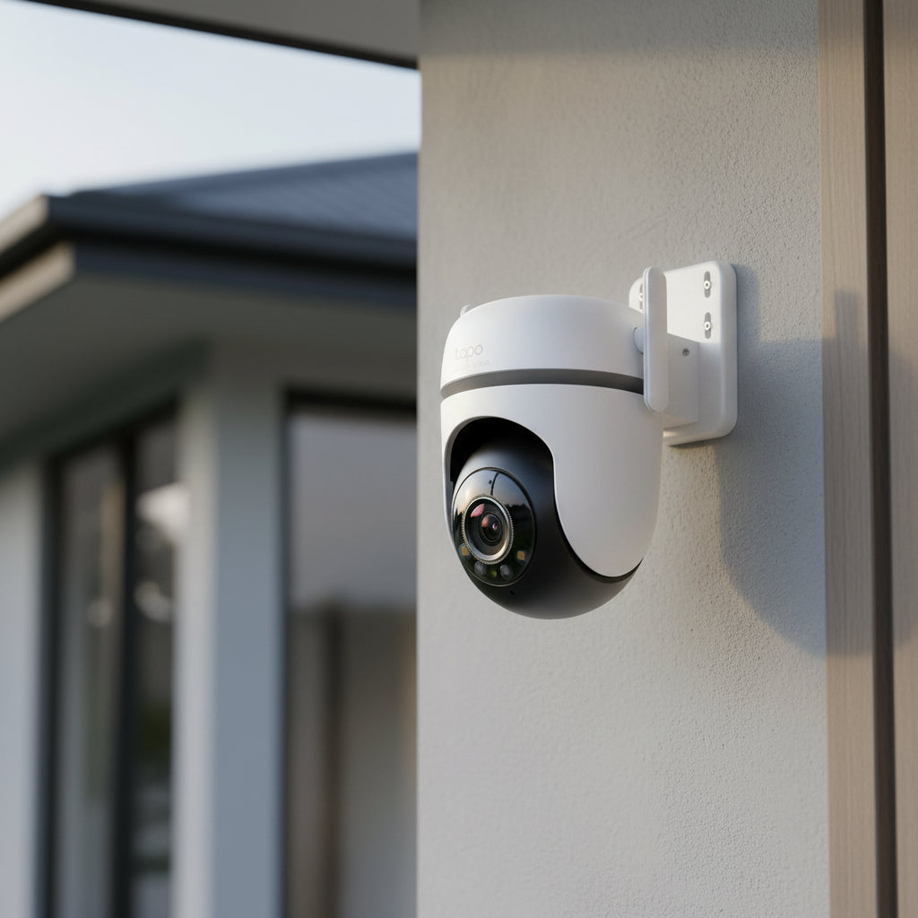 TP-Link Tapo TC42 outdoor pan tilt security WiFi camera mounted on exterior house wall