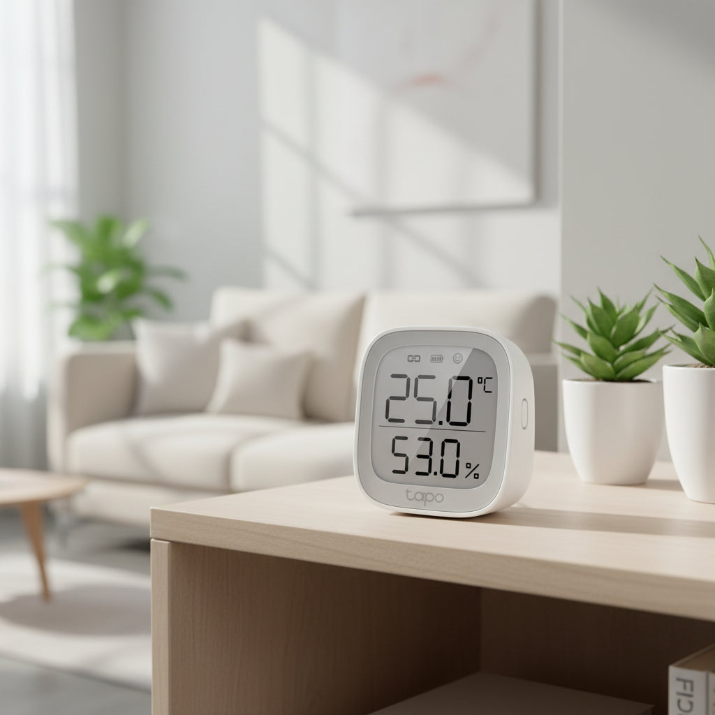 TP-Link Tapo T315 smart temperature and humidity monitor displayed in modern home interior