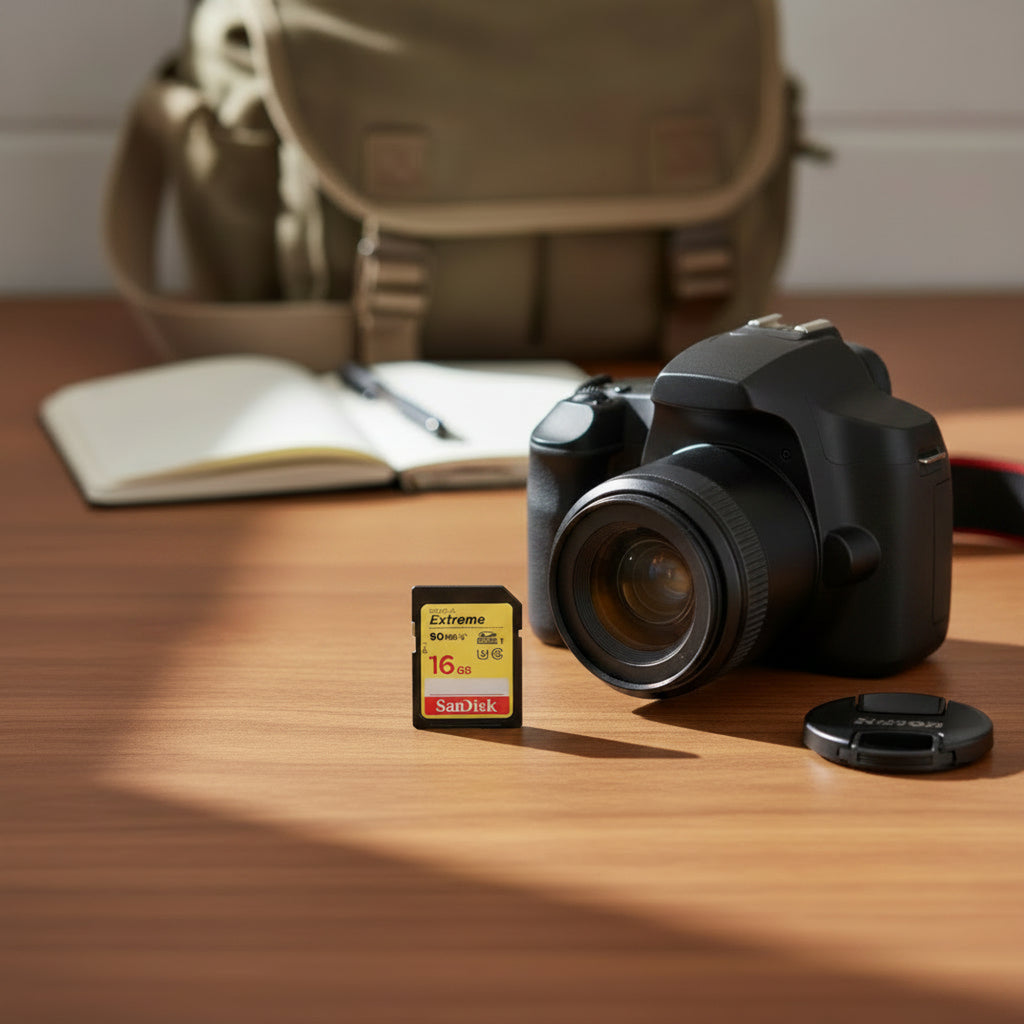 SanDisk Extreme SD UHS-I memory card for DSLR photography.

16GB