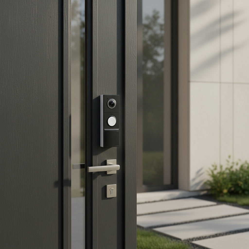 TP-Link Tapo D235 video doorbell camera installed on modern home entrance door