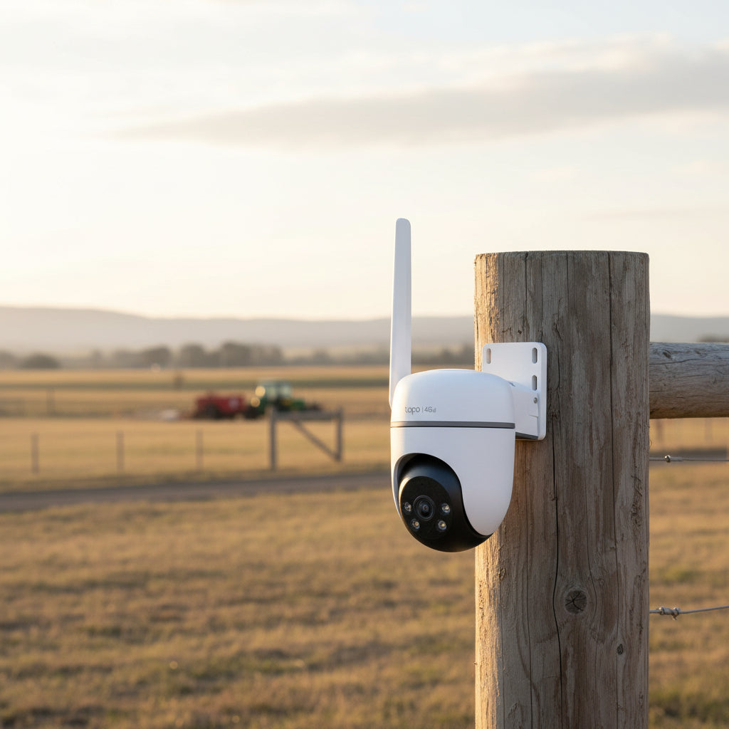 TP-Link Tapo TC40GW outdoor 4G LTE pan tilt security camera installed in remote outdoor location