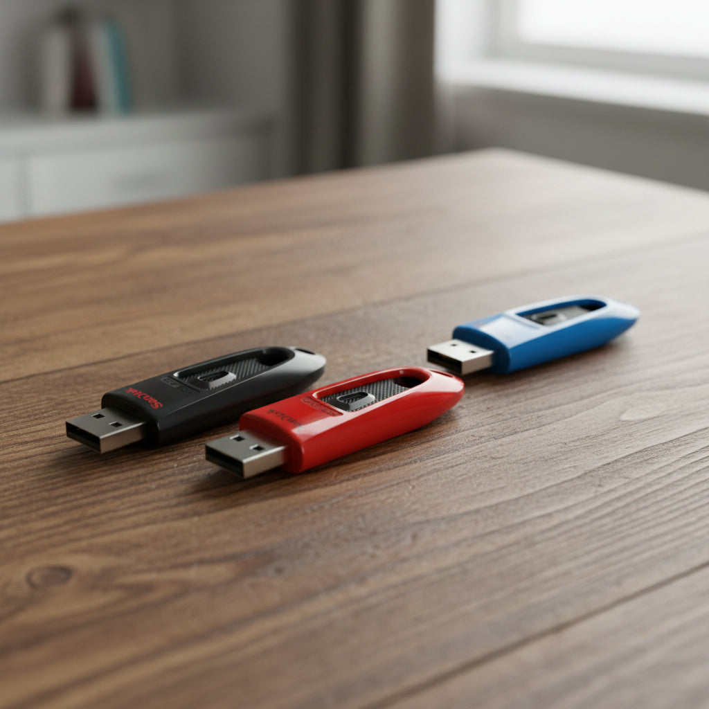 SanDisk Ultra USB 3.0 flash drive close-up product image

Blue Red Black