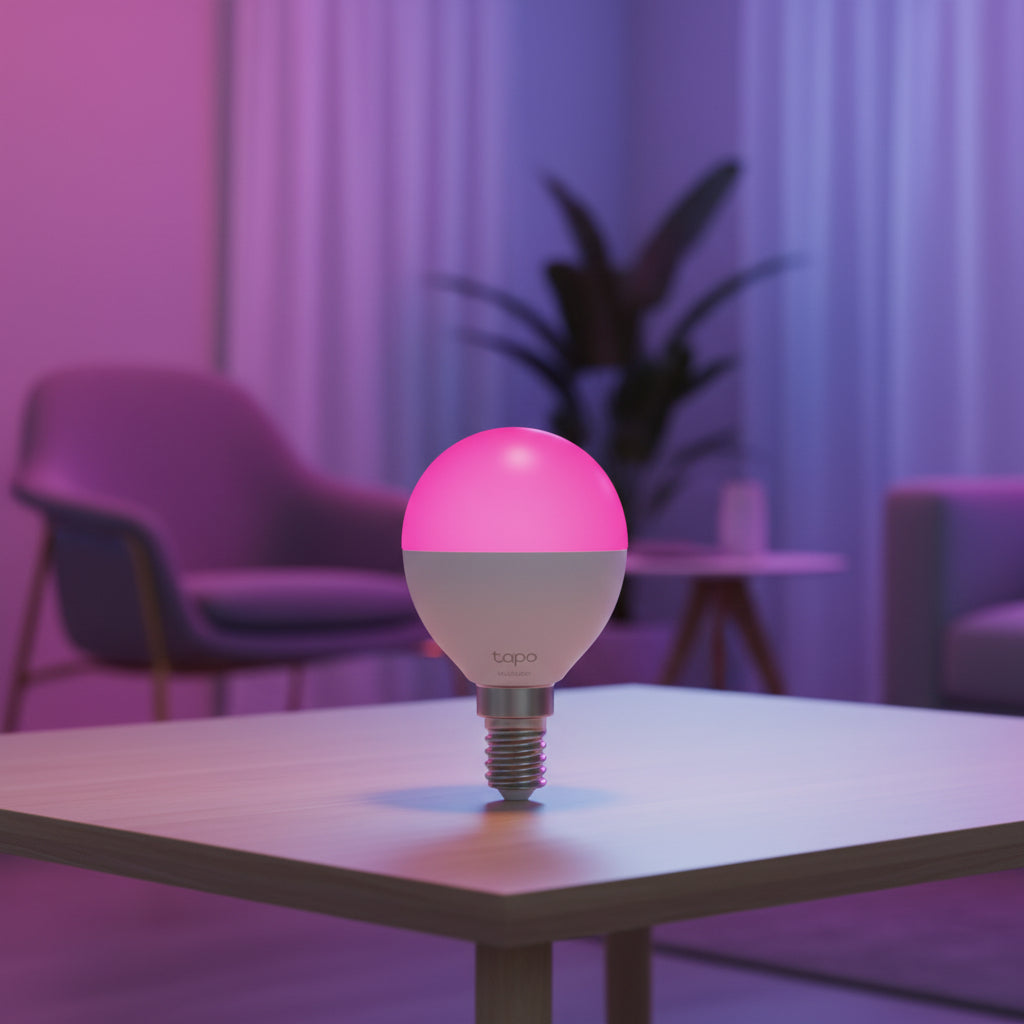 TP-Link Tapo L430P smart multicolor LED bulb glowing in bedroom lamp