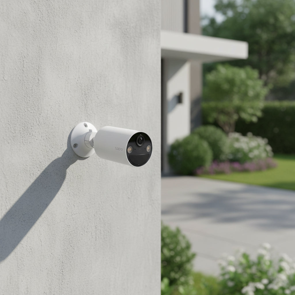 TP-Link Tapo C402 wire-free indoor outdoor security camera mounted on house exterior wall