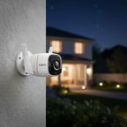 TP-Link Tapo C320WS outdoor security WiFi camera mounted on house exterior wall at night