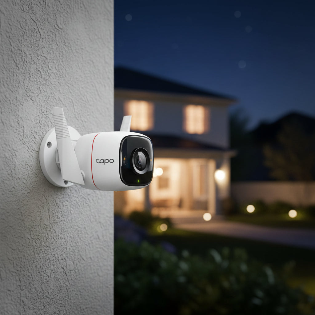 TP-Link Tapo C320WS outdoor security WiFi camera mounted on house exterior wall at night