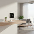 TP-Link Tapo C110 indoor security camera mounted on shelf in living room