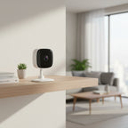 TP-Link Tapo C110 indoor security camera mounted on shelf in living room