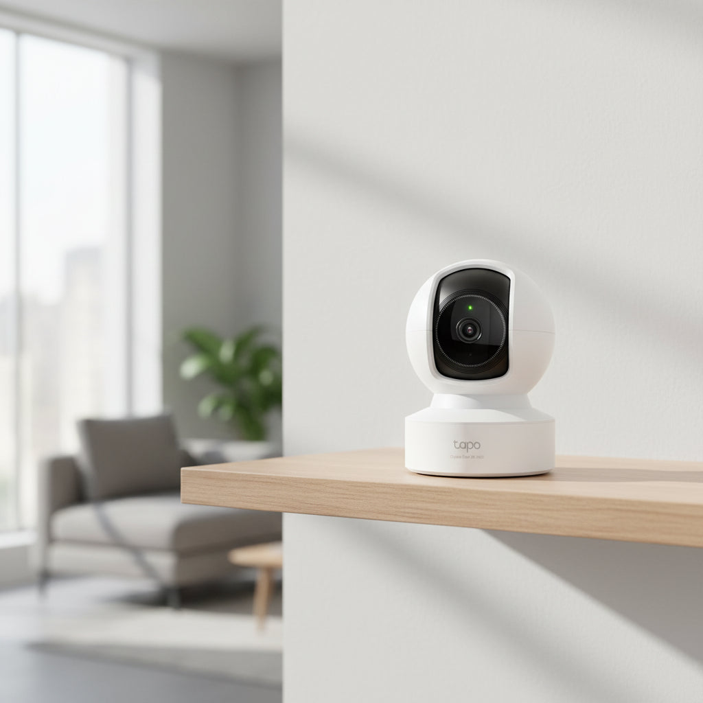 TP-Link Tapo C222 2K pan tilt AI security camera mounted indoors on shelf