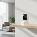 TP-Link Tapo C222 2K pan tilt AI security camera mounted indoors on shelf