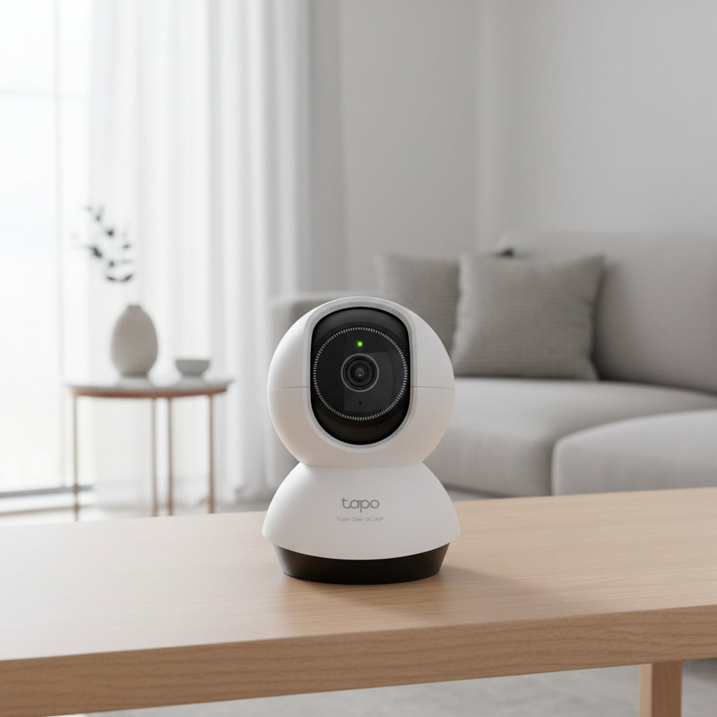 Tapo TC74 smart security camera rotating with AI motion tracking in living room