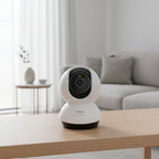 Tapo TC74 smart security camera rotating with AI motion tracking in living room