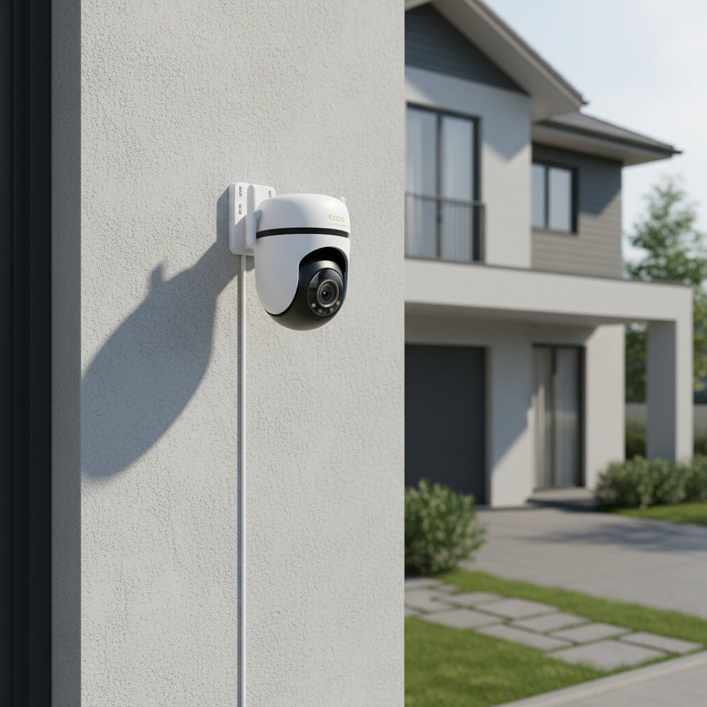 TP-Link Tapo C530WS outdoor pan tilt security camera installed on house exterior wall