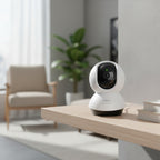 TP-Link Tapo C220 2K pan tilt AI security camera mounted indoors on shelf
