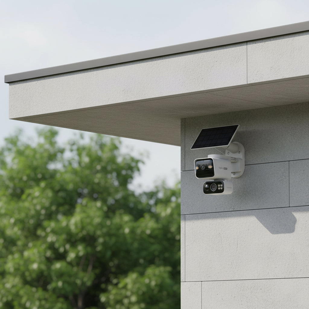 TP-Link Tapo C645D KIT solar dual-lens pan tilt security camera installed outdoors