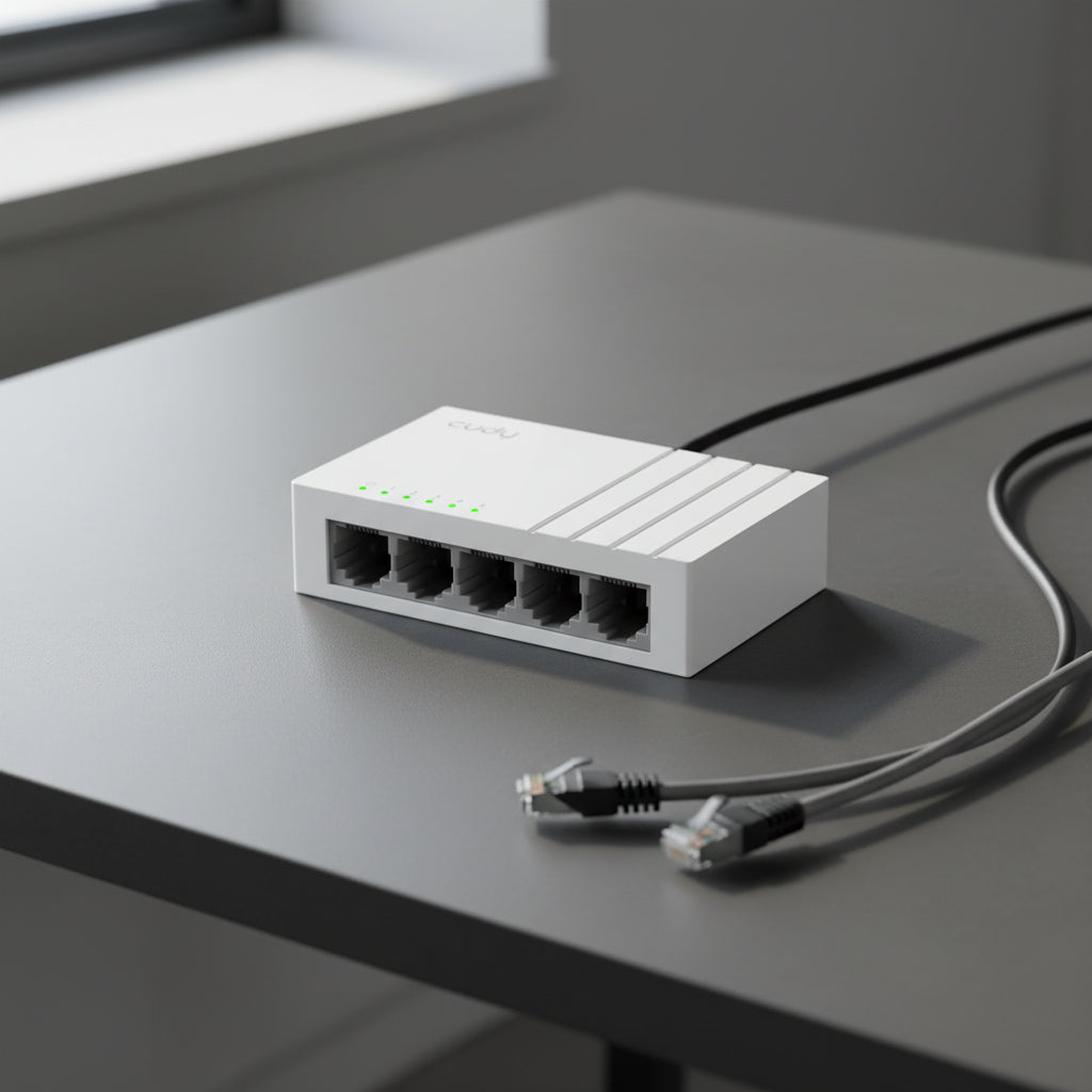 CUDY GS105U 5-port gigabit switch USB-C powered tabletop setup