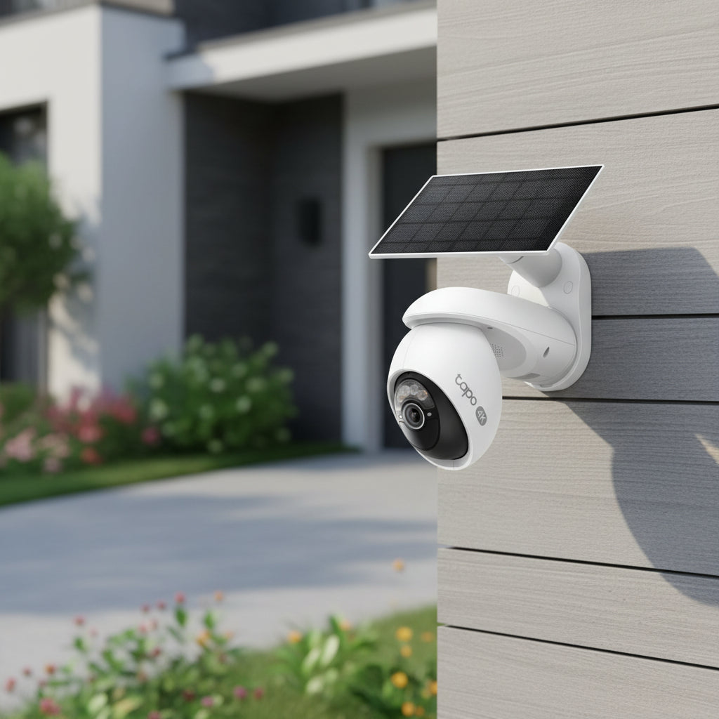 TP-Link Tapo C660 KIT solar powered 4K pan tilt security camera installed outdoors