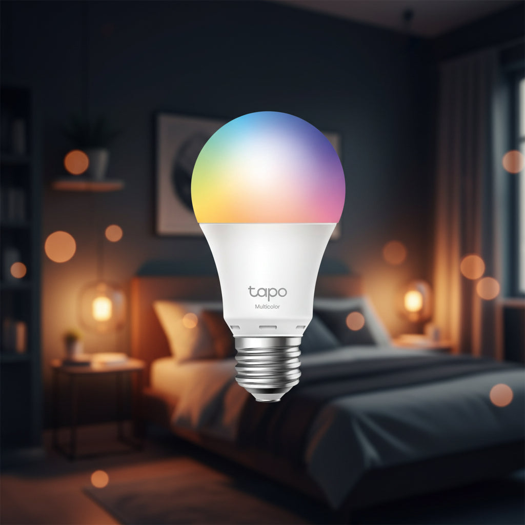 TP-Link Tapo L530E smart WiFi multicolor RGB LED light bulb changing colors via app control. 1-Pack & 2-Pack