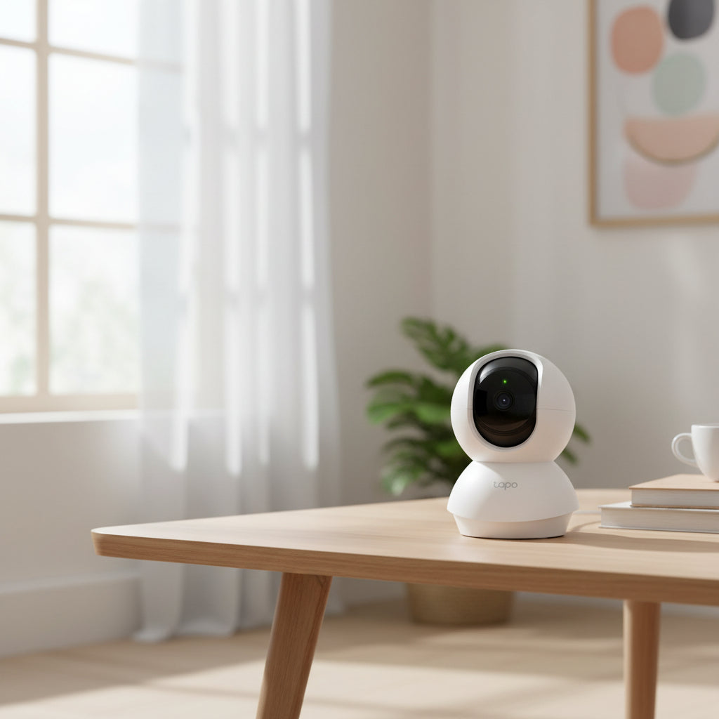 TP-Link Tapo C200 pan tilt security camera mounted indoors on shelf