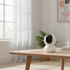 TP-Link Tapo C200 pan tilt security camera mounted indoors on shelf