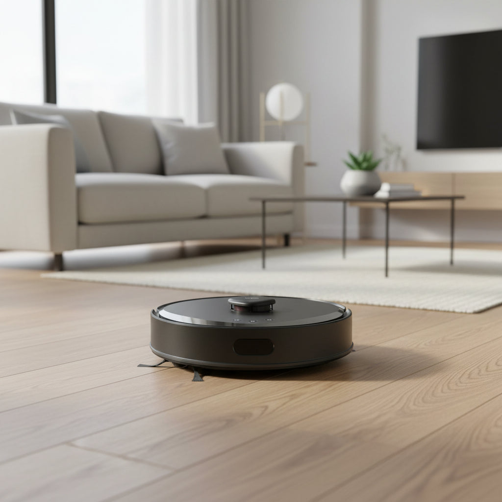 TP-Link Tapo RV30 Max robot vacuum cleaning hardwood floor in modern living room