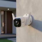 TP-Link Tapo TC65 outdoor security WiFi camera mounted on exterior wall of house