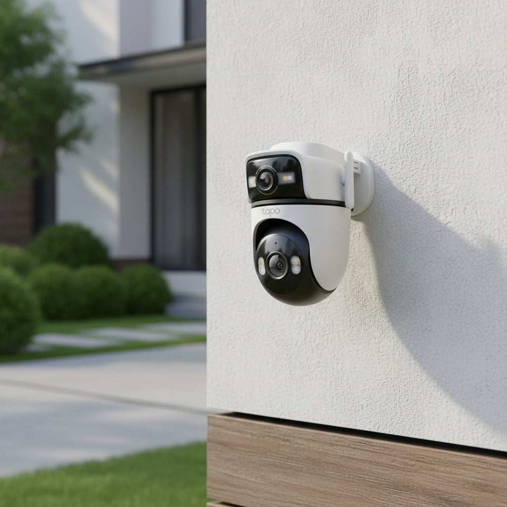 TP-Link Tapo C545D outdoor dual lens pan tilt security camera installed on house exterior wall