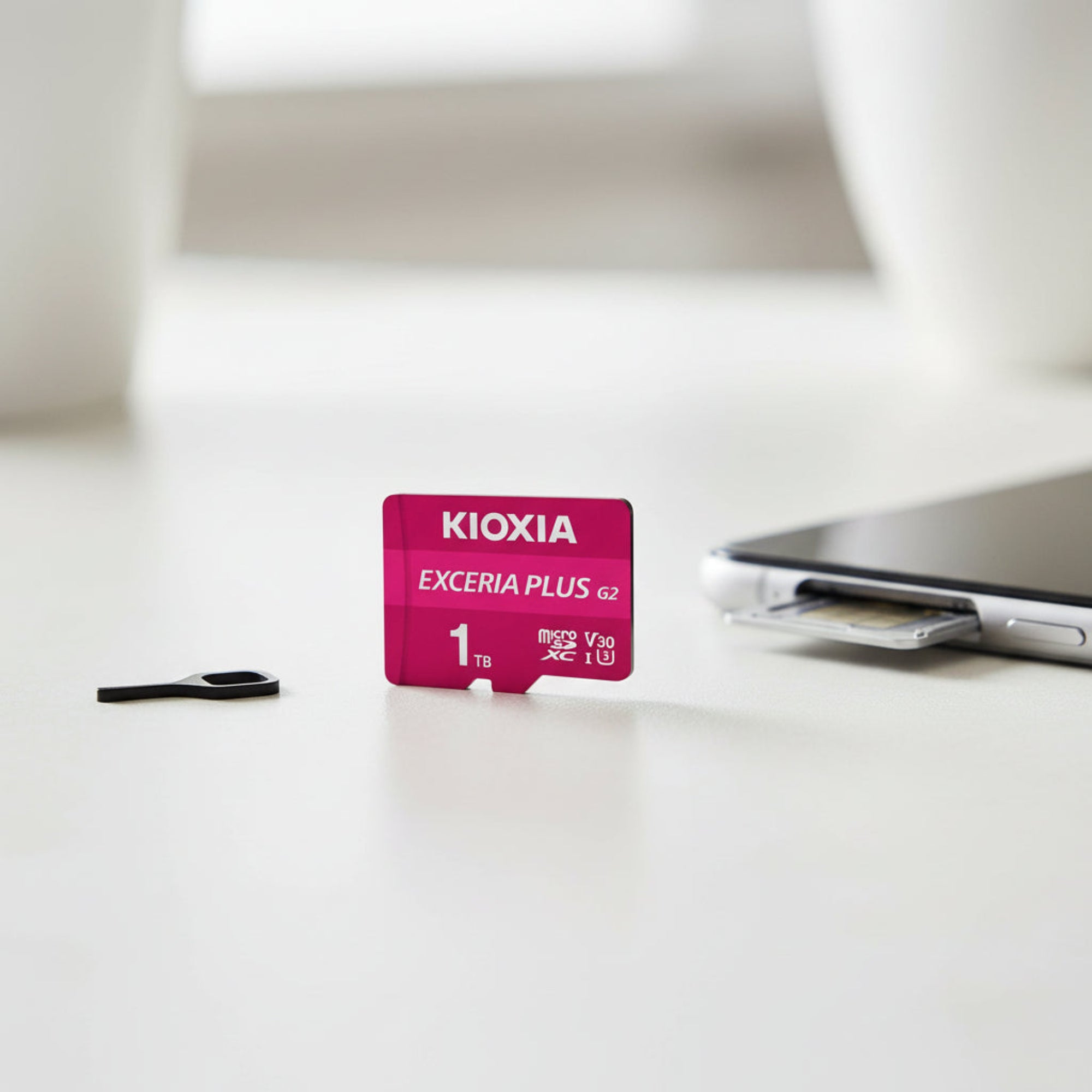 Kioxia EXCERIA PLUS G2 microSD memory card close-up product photography.
128GB 256GB 512GB 1TB
