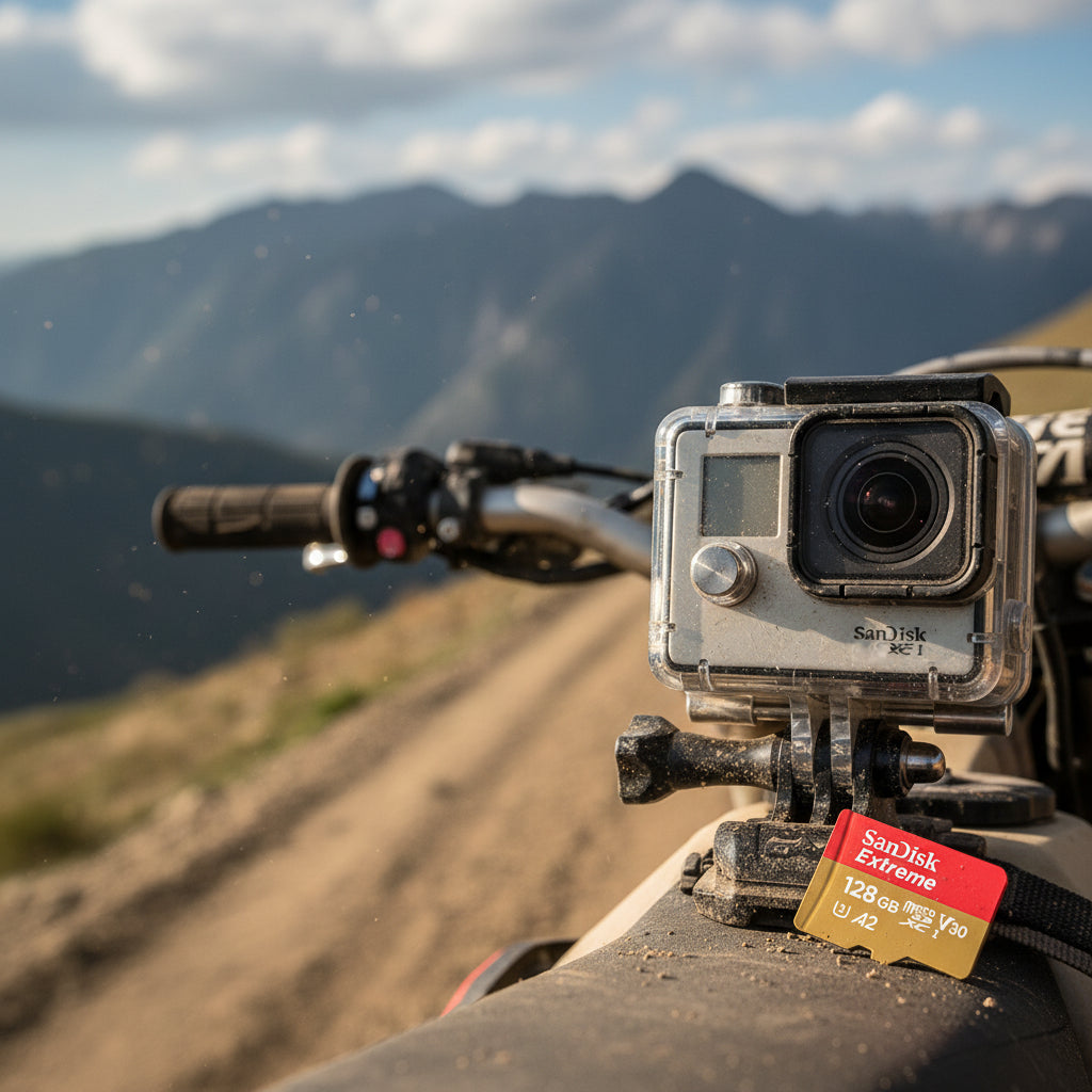 High-speed SanDisk microSD card for 4K action camera video recording.

128GB