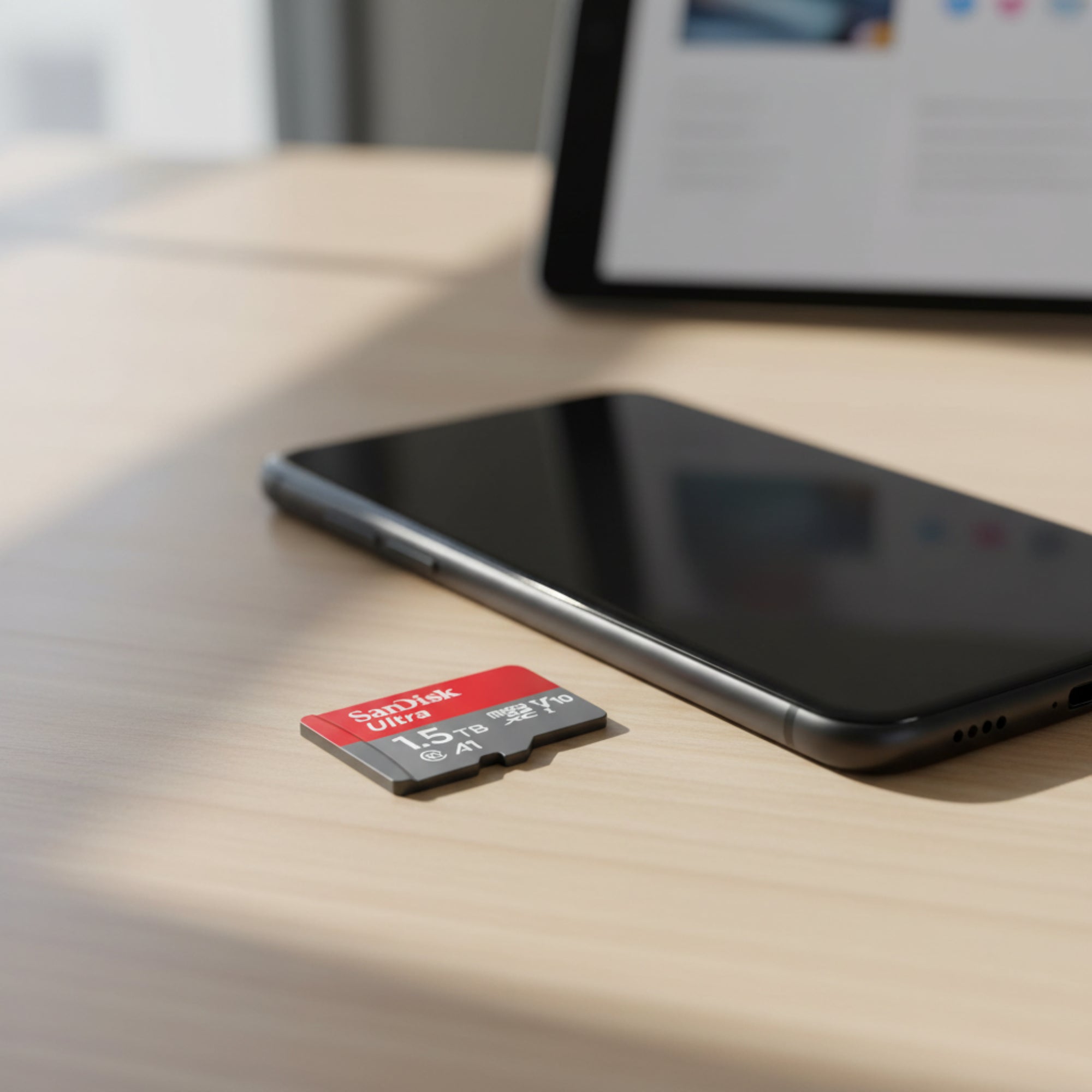 SanDisk Ultra microSD A1 card inserted into smartphone for storage expansion.

32GB 64GB 128GB 256GB 400GB 512GB 1TB 1.5TB