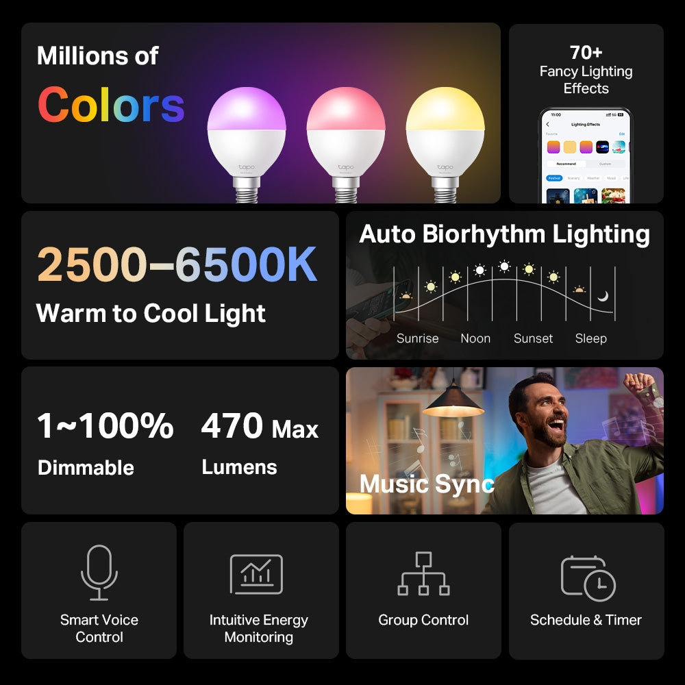 Tapo L430P Smart P45 Multicolor Light Bulb – RGB Wi-Fi LED Bulb with App Control, Voice Assistant & Dimmable Lighting
