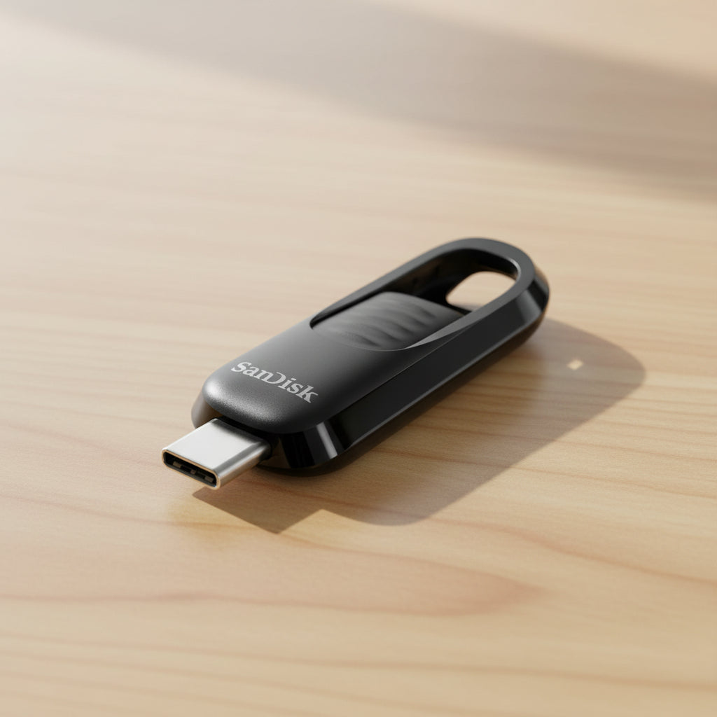 SanDisk Ultra Slider USB Type-C flash drive close-up product shot/
