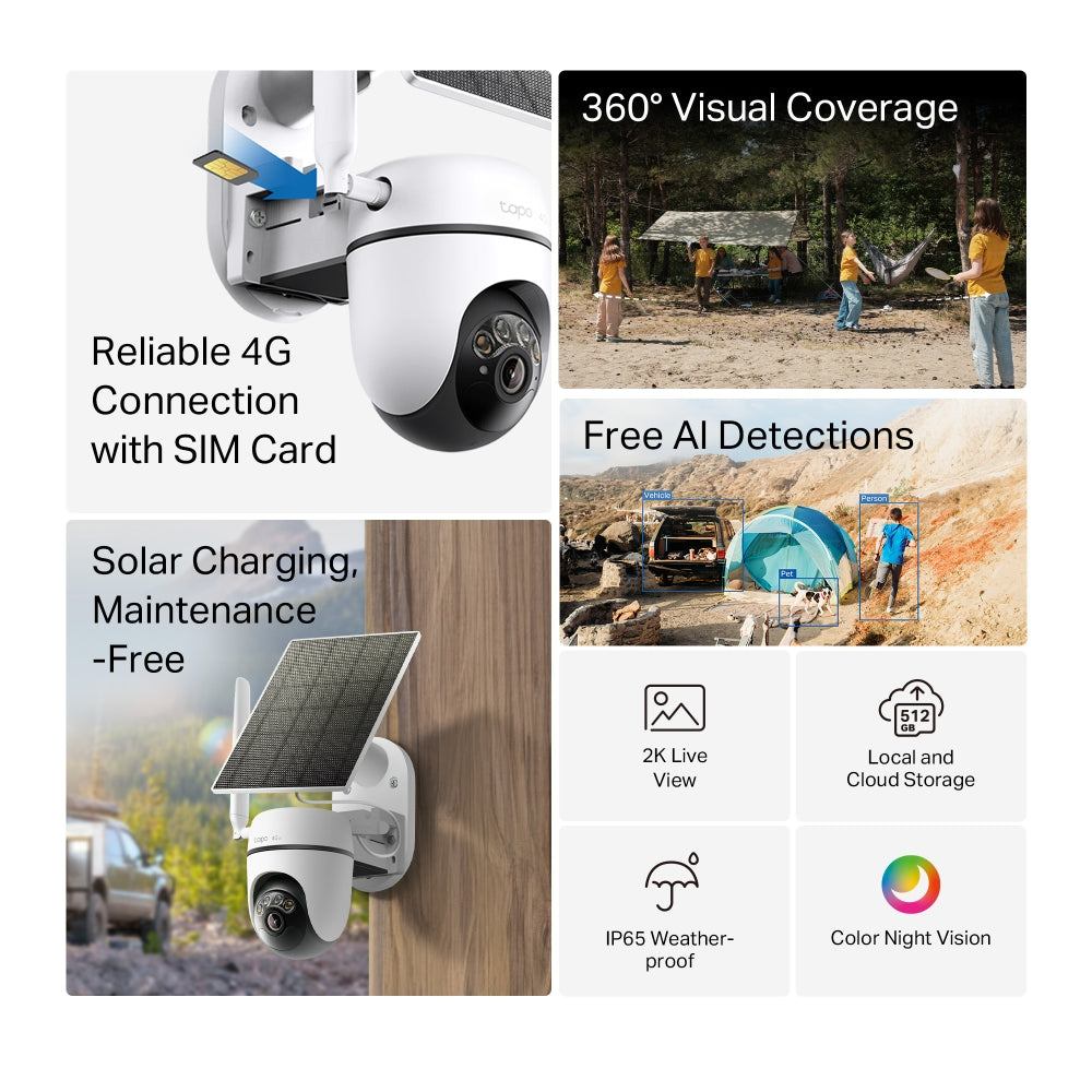 Tapo C615G KIT Solar-Powered Pan/Tilt 4G LTE Security Camera Kit – Wireless Outdoor Smart Surveillance Camera with AI Detection