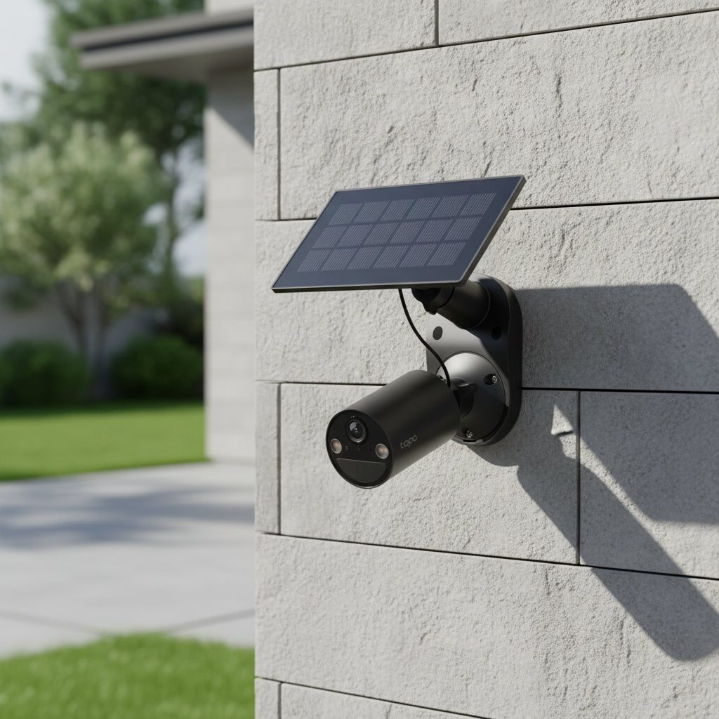 TP-Link Tapo C411 KIT solar powered security camera installed outdoors on house wall