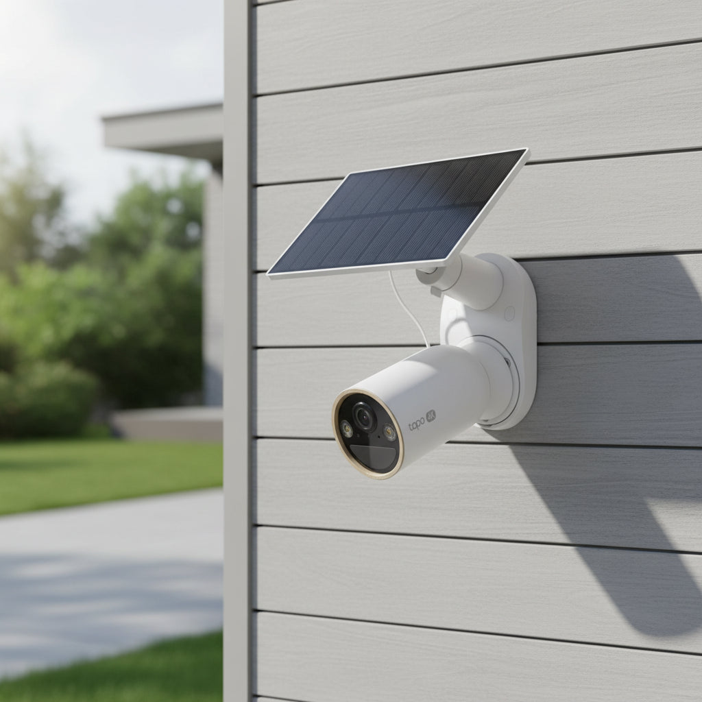 TP-Link Tapo C460 KIT solar powered 4K security camera installed outdoors on house wall