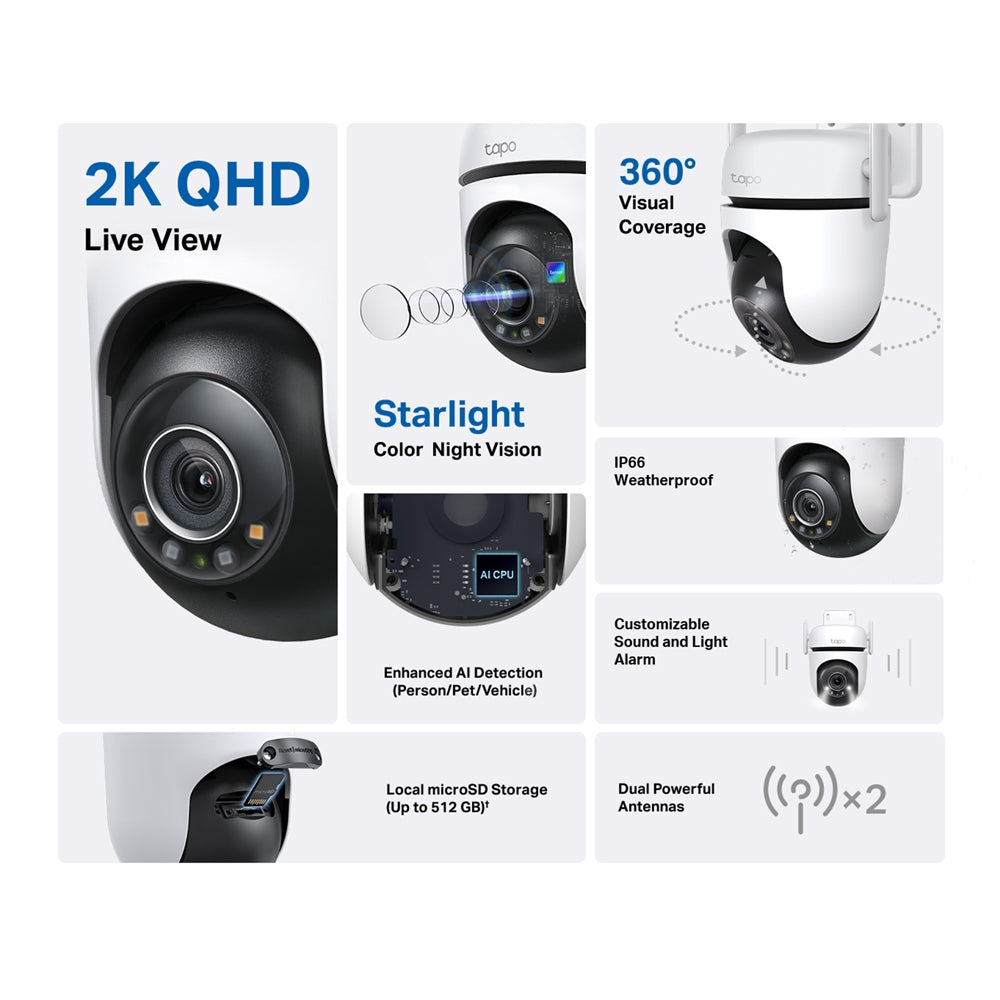 Tapo C520WS Outdoor Pan/Tilt Security Wi-Fi Camera – 2K QHD Smart Camera with 360° Coverage, Starlight Color Night Vision & AI Detection