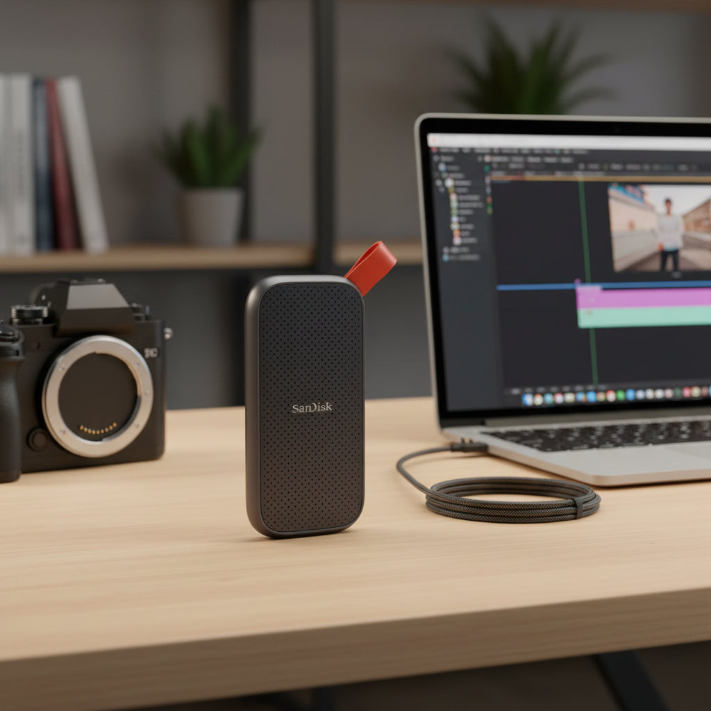 SanDisk Portable SSD USB 3.2 Type-C external storage drive on desk.

1TB 2TB