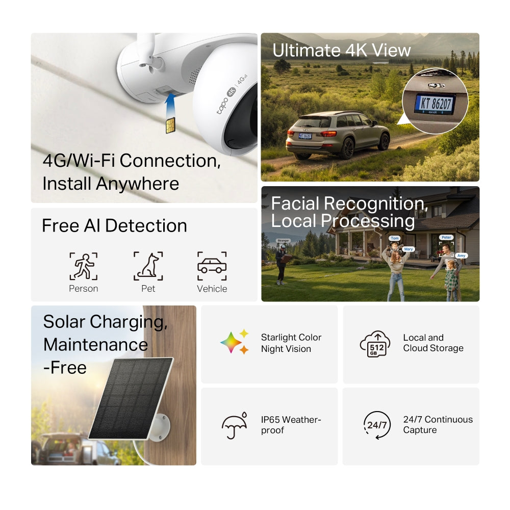 Tapo C665G KIT Solar-Powered Pan/Tilt Security Camera – 4G LTE & Wi-Fi Outdoor Smart Camera with Solar Charging