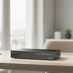 TP-Link VIGI NVR1004H-4P placed on clean desk in home office with natural lighting and soft blurred background