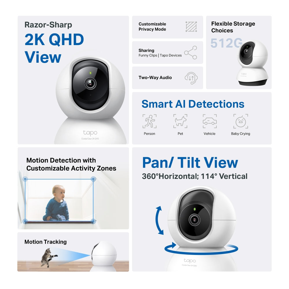 Tapo C220 Pan/Tilt AI Home Security Wi-Fi Camera – 2K 4MP Smart Indoor Camera with 360° Coverage, AI Detection, Motion Tracking & Night Vision