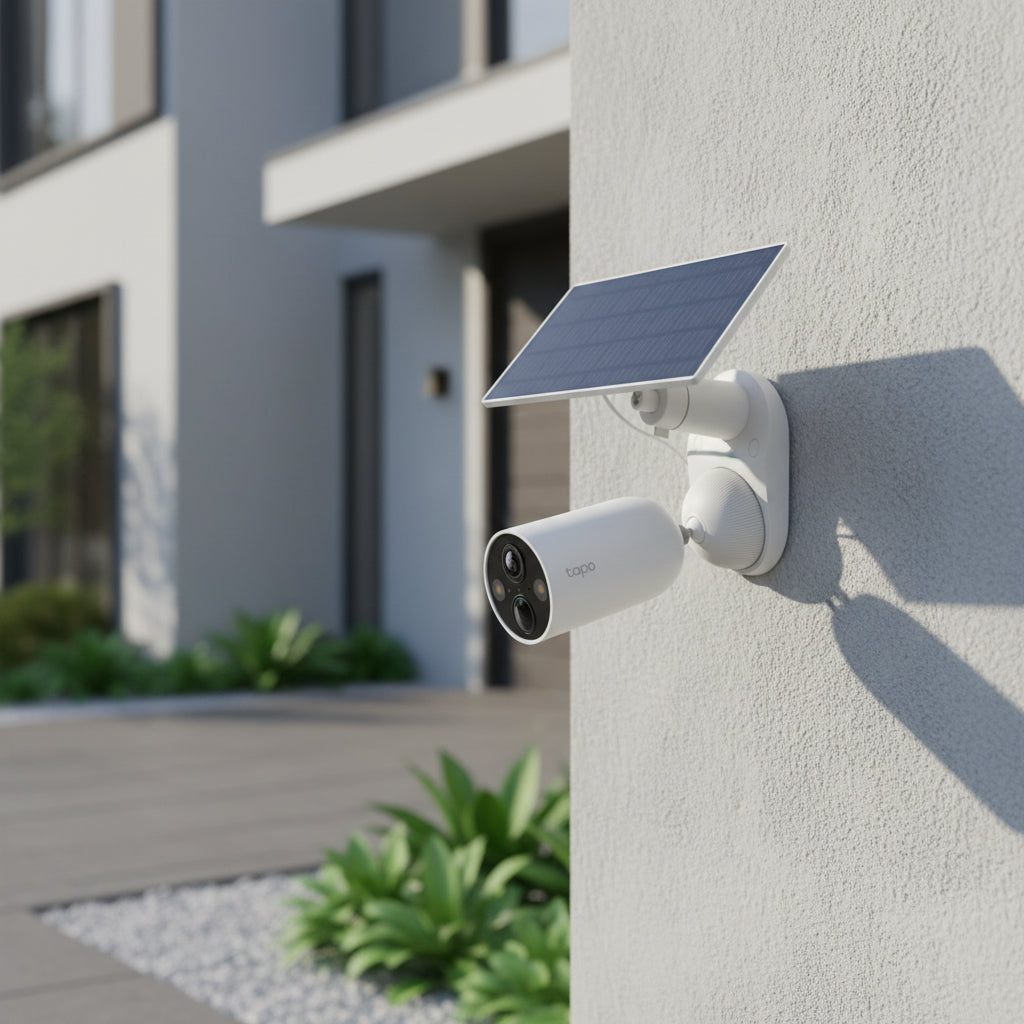 TP-Link Tapo C425 KIT solar powered security camera installed outdoors on house wall